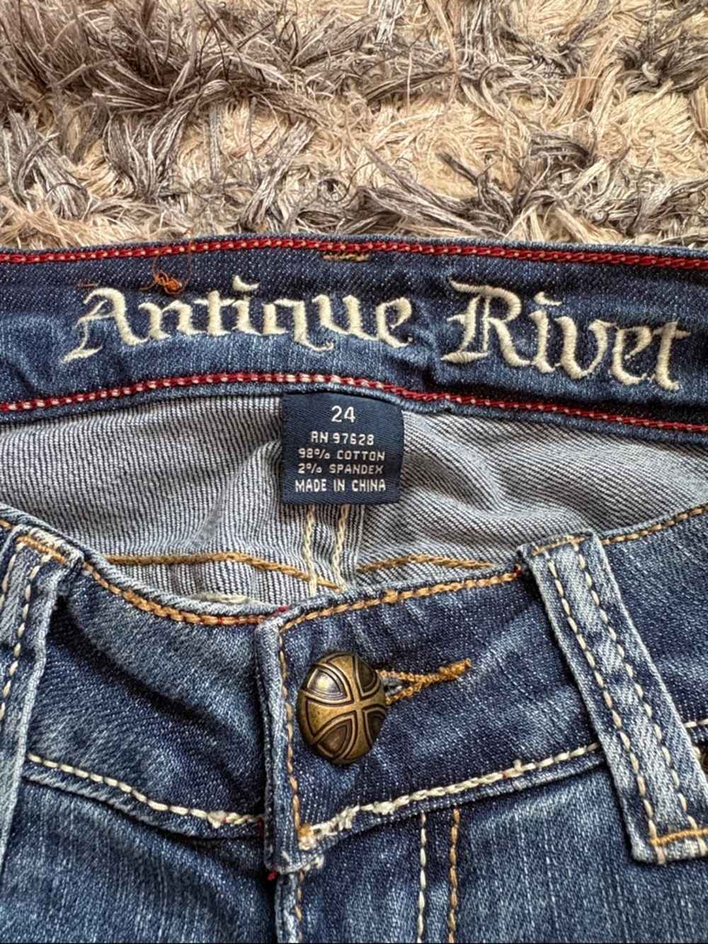 Antique Rivet Low-Rise Cotton Blue Flare Jeans with Subtle Distress - Picture 7 of 12